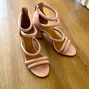 Rebecca Minkoff light pink strappy block heel sandal.